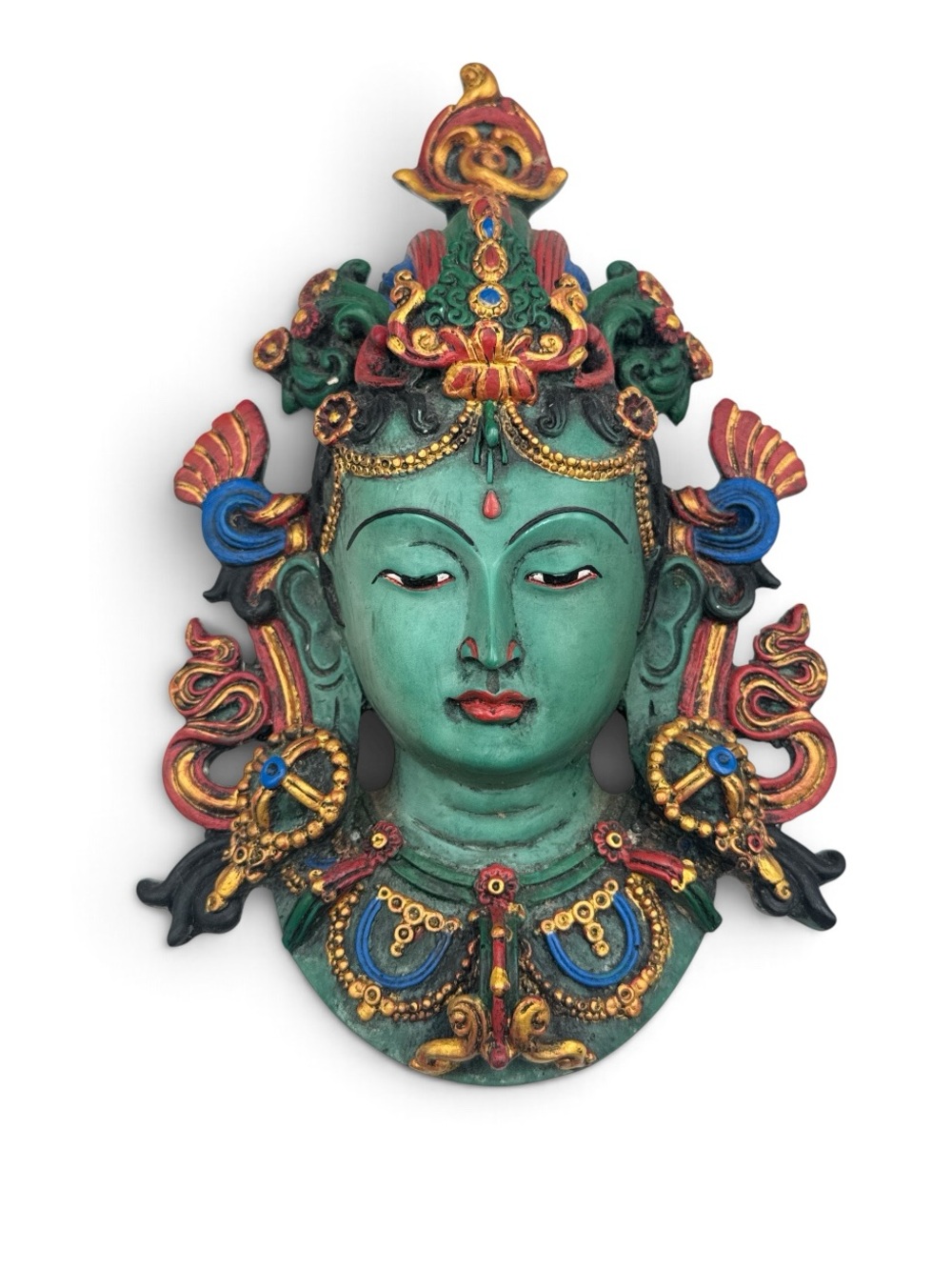 Vintage Green Tara Resin Wall Hanging Buddhist Goddess Mask Colorful Decor 8.5”